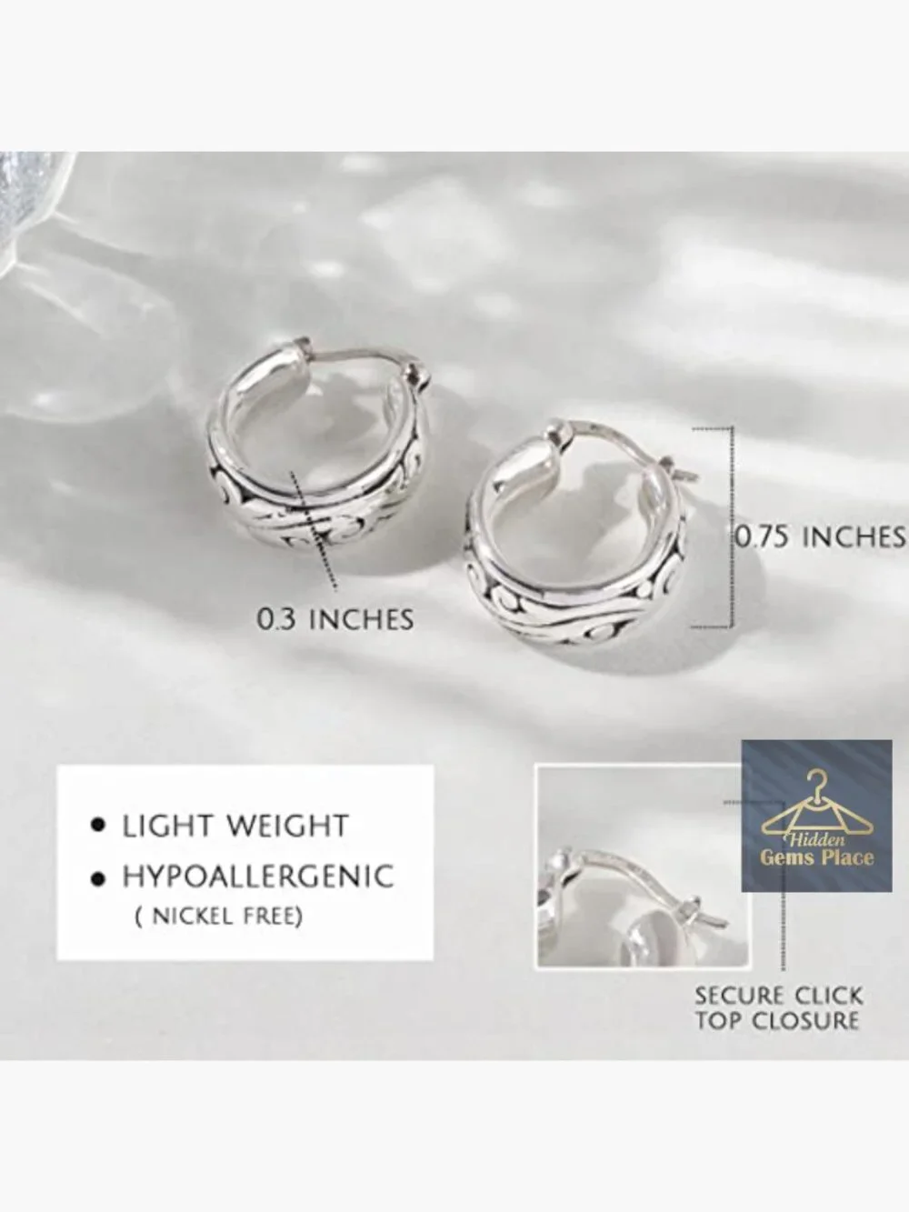 Lightweight Chunky Sterling Silver Hoop Earrings Hypoallergenic - Picture 3 of 7